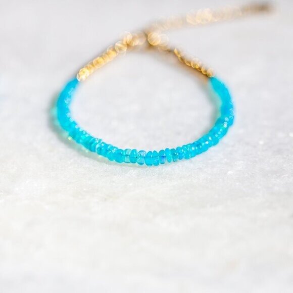 Blue Fire Opal Beaded Bracelet Gold Chain Waterproof Ethiopian Opal Bracelet - Picture 7 of 12